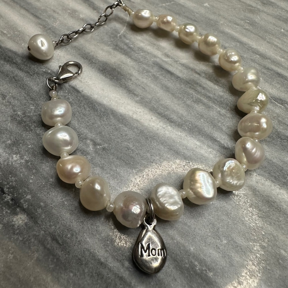 Baroque Freshwater Pearl Mom Charm Bracelet Adjustable‎ 7-8" Sterling Silver 925